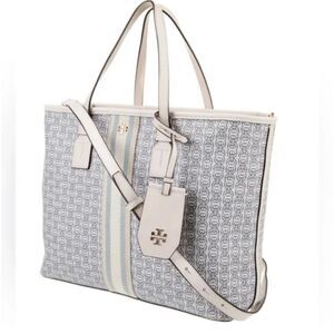Tory Burch White Blue Ivory Gemini Link Mid Sized Tote Crossbody Strap